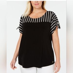 Plus Size Striped & Solid Tie-Sleeve Top